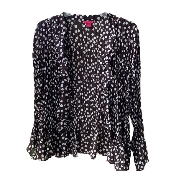 🤎⚪️ Sunny Leigh Macy’s Crinkly Ruffled Trim Button Blouse Brown/White Polka Dot - Picture 4 of 14